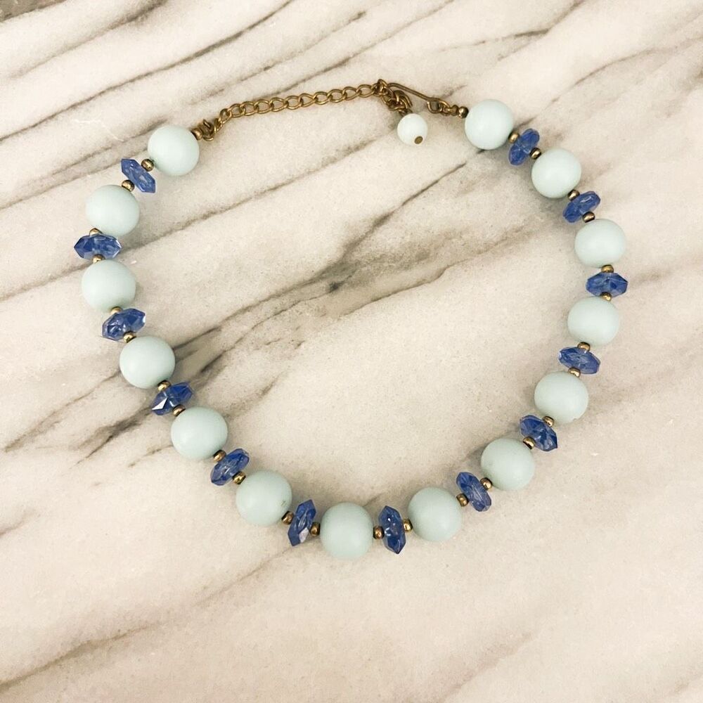 Vintage Acrylic‎ Choker Necklace Blue Beaded Single Strand Collar MCM Colorful